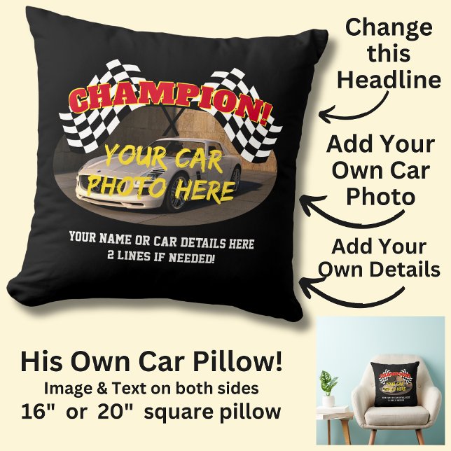 Add Name His Car Photo Text, Champion Winner Flag  Throw Pillow (Creator Uploaded)