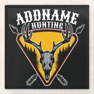 ADD NAME Hunter Elk Skull Big Antlers Deer Hunting Glass Coaster