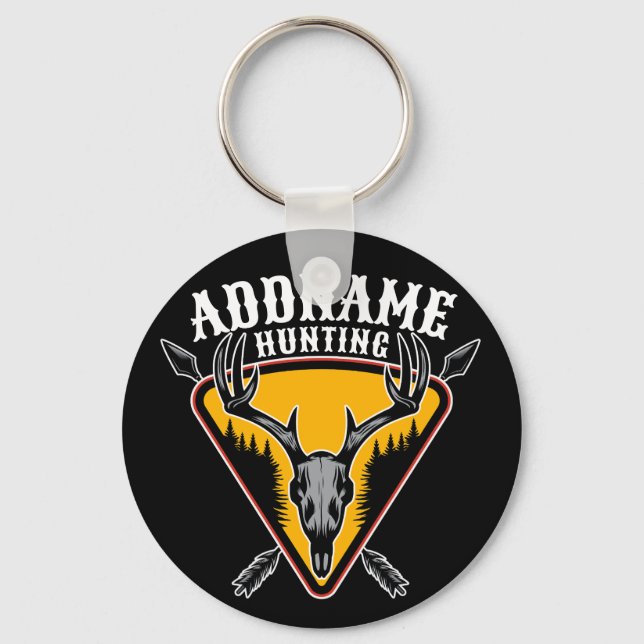 ADD NAME Hunter Elk Skull Big Antlers Deer Hunting Keychain (Front)