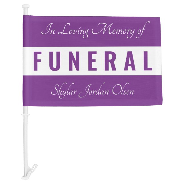 Add Name In Script Purple White Funeral Procession Car Flag (Front)
