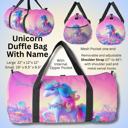 Add Name Initial Pink  Aqua Unicorn Duffle Bag