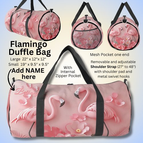 Add Name Initial Pink Flamingo 3D Design Duffle Bag