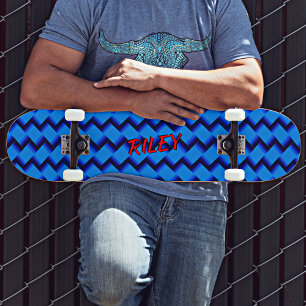 Add Name Initials, Blue Woven Hash Pattern Skatebo Skateboard
