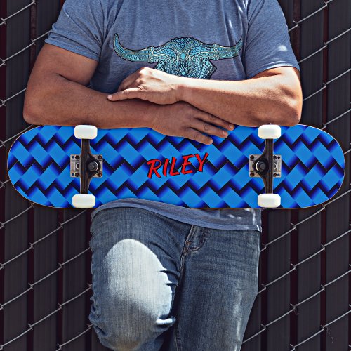 Add Name Initials Blue Woven Hash Pattern Skatebo Skateboard