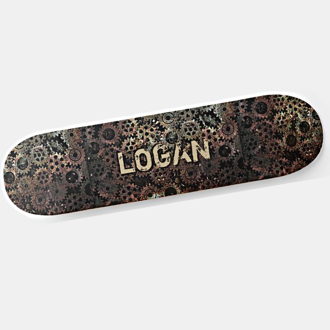 Add Name, Initials Brown Rusty Metal Look Gears  Skateboard (Creator Uploaded)