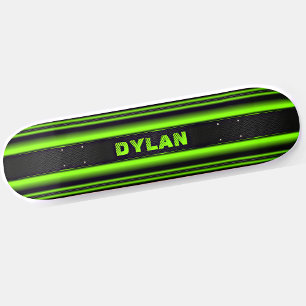 Add Name Initials Green Stripe Black Textured Look Skateboard
