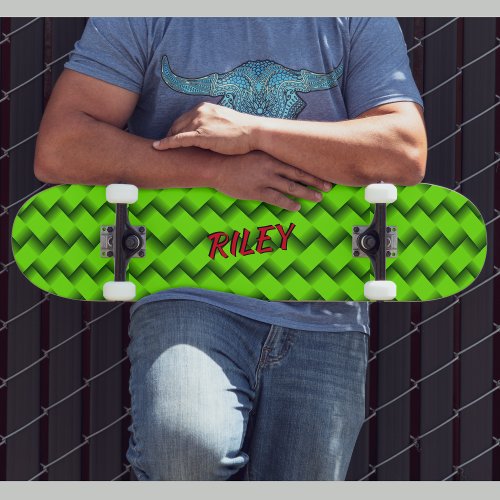 Add Name Initials Green Woven Hash Pattern Skateb Skateboard