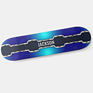 Add Name Initials, Metallic Black Shine Blue Frame Skateboard