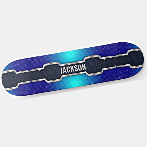 Add Name Initials Metallic Black Shine Blue Frame Skateboard