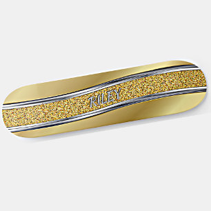 Add Name Initials, Metallic Gold Silver Curved Ska Skateboard