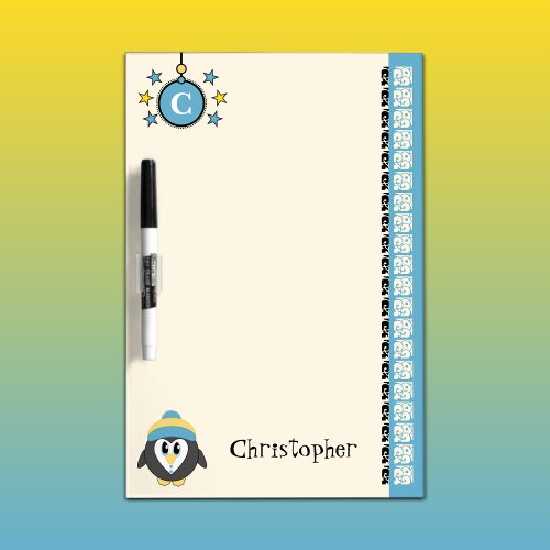 Add name initials penguin for kids blue dry erase board