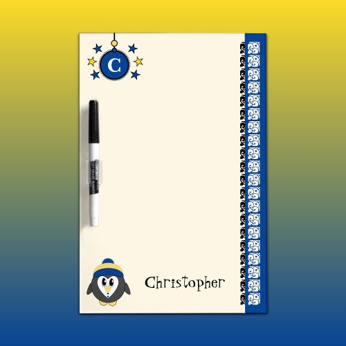 Add name initials penguin for kids deep blue dry erase board