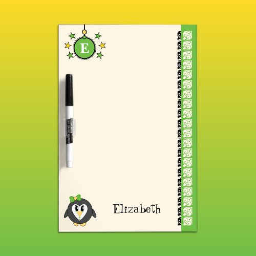 Add name initials penguin for kids green dry erase board