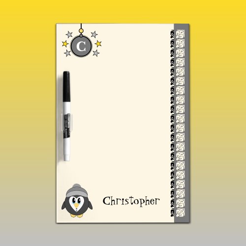 Add name initials penguin for kids grey dry erase board