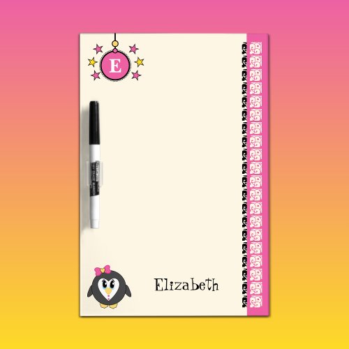 Add name initials penguin for kids pink dry erase board