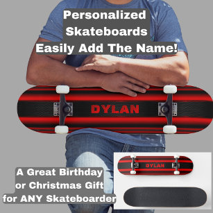 Add Name Initials Red Stripes Black Textured Look Skateboard