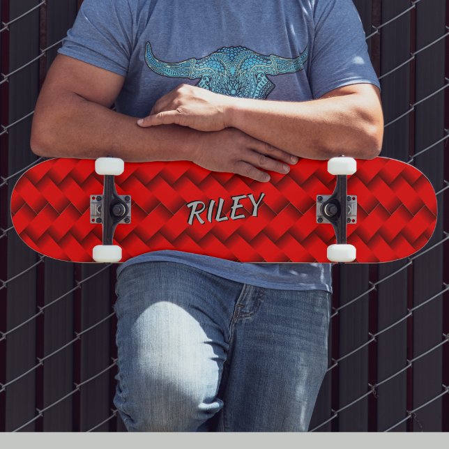 Add Name Initials, Red Woven Hash Pattern Skateboa Skateboard (Creator Uploaded)