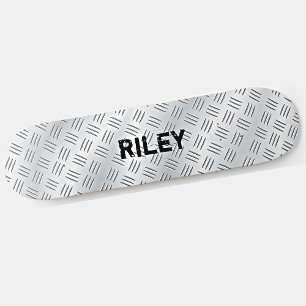 Add Name Initials Silver Gray Steel Checker Plate  Skateboard