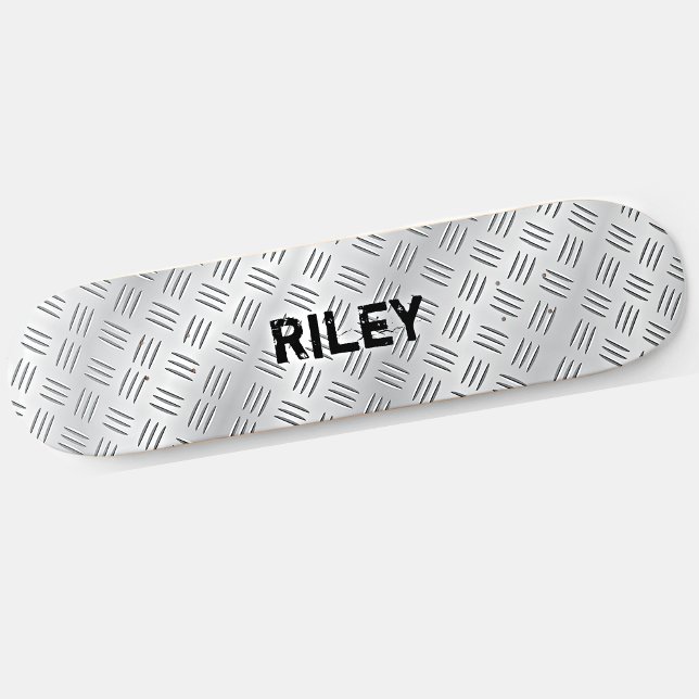 Add Name Initials Silver Gray Steel Checker Plate  Skateboard (Creator Uploaded)