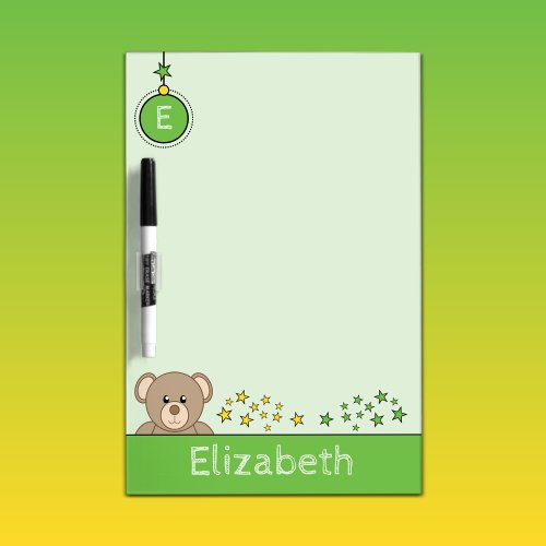 Add name initials teddy bear for kids green dry erase board