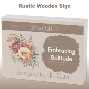 Add name introvert solitude floral brown wooden box sign