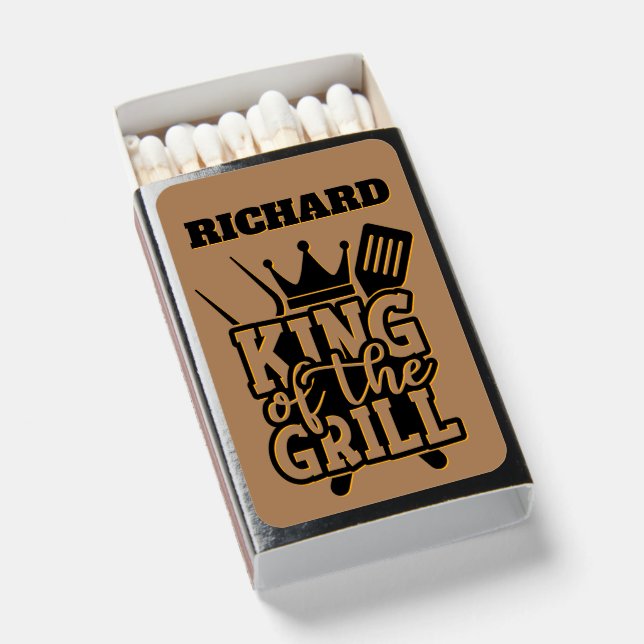 Add Name King of the Grill Funny BBQ Matchboxes (Front Open)