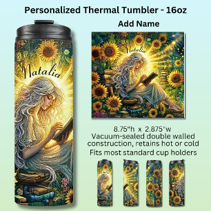 Add Name, Lady Reading in Glow with Sunflowers Thermal Tumbler