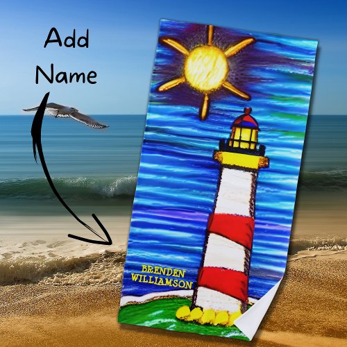 Add Name Lighthouse in the Sun Red Yellow Blue  Beach Towel
