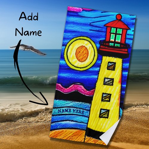 Add Name Lighthouse in the Sun Red Yellow Blue   Beach Towel