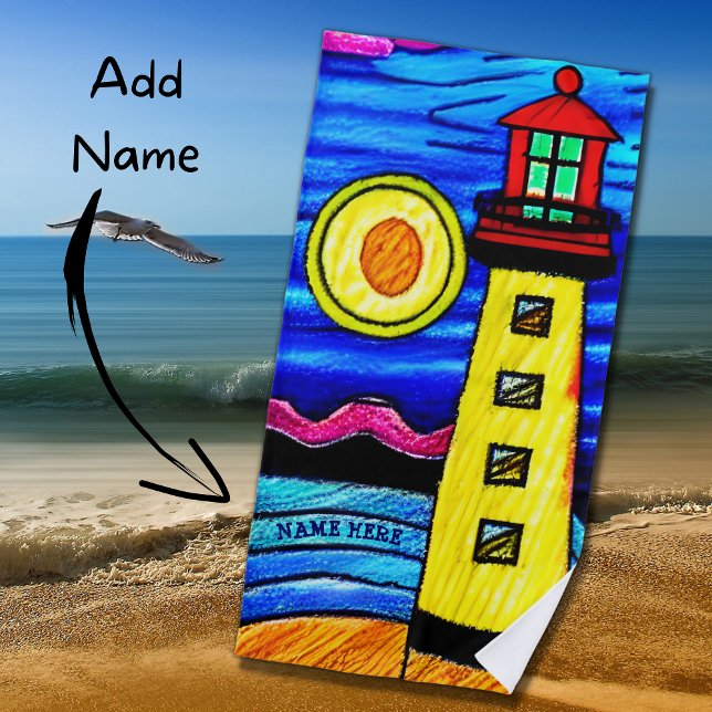 Add Name, Lighthouse in the Sun, Red Yellow Blue   Beach Towel (Creator Uploaded)