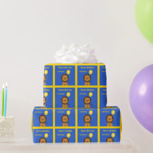 Add name lion 4th birthday blue yellow wrapping paper