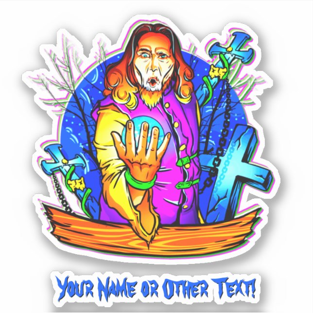 Add Name, Magician Wizard Crystal Ball Globe Cross Sticker (Front)