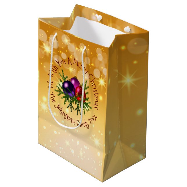 Add Name Matching Christmas on Gold Medium Gift Ba Bag (Front Angled)