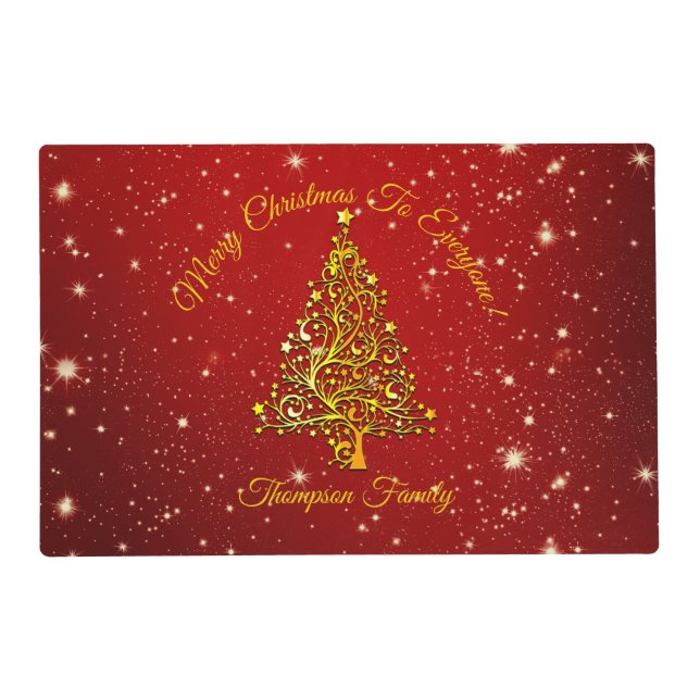 Add Name Matching Christmas Red Gold Tree Placemat (Front)