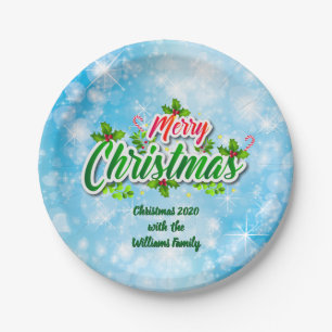 Add Name Matching Merry Christmas Blue 7" Paper Plates