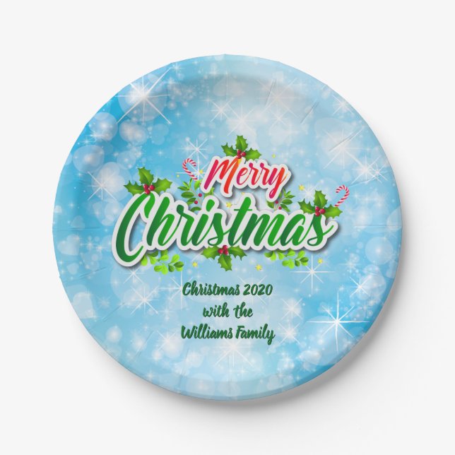 Add Name Matching Merry Christmas Blue 7" Paper Plates (Front)