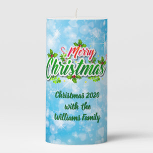 Add Name Matching Merry Christmas Blue Medium Pillar Candle