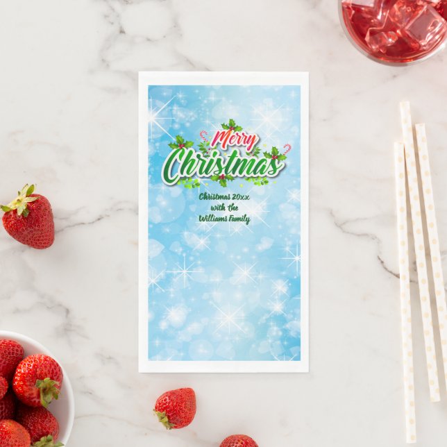 Add Name Matching Merry Christmas Blue Paper Guest Towels (Insitu)