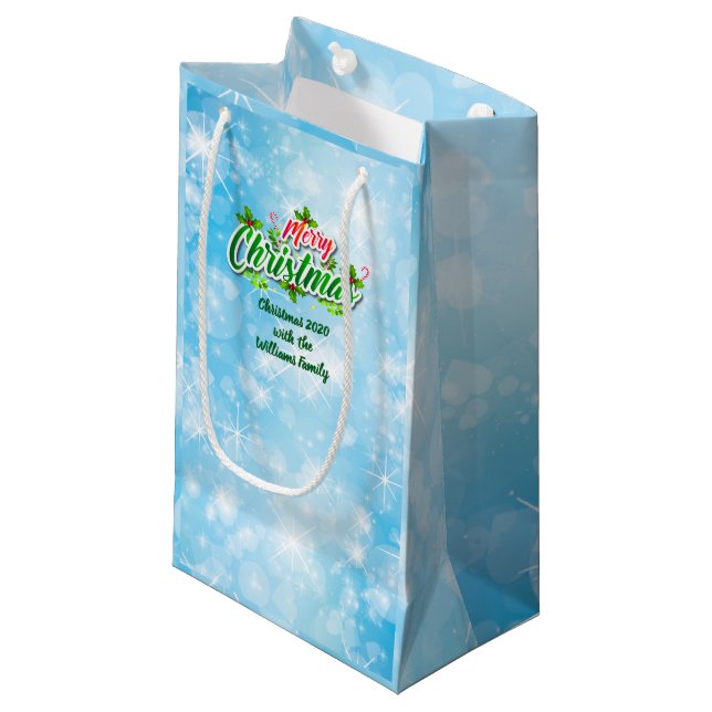 Add Name Matching Merry Christmas Blue Small Gift Bag (Front Angled)