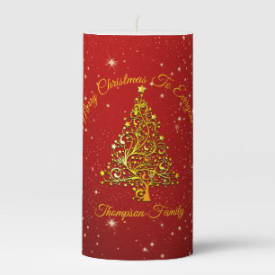 Add Name Matching Set Christmas Red Gold Tree  Pillar Candle
