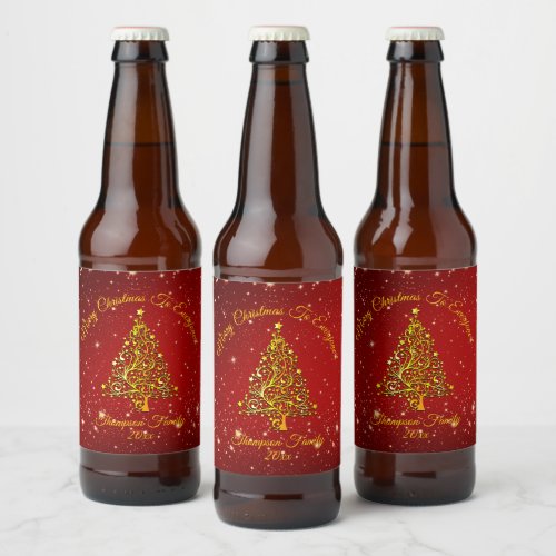 Add Name Matching Set Christmas Red Gold Tree Star Beer Bottle Label