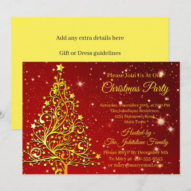 Add Name Matching Set Christmas Red Gold Tree Star Invitation (Front/Back)