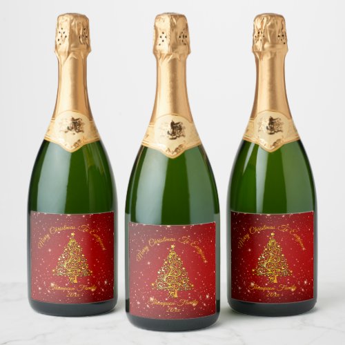 Add Name Matching Set Christmas Red Gold Tree Star Sparkling Wine Label