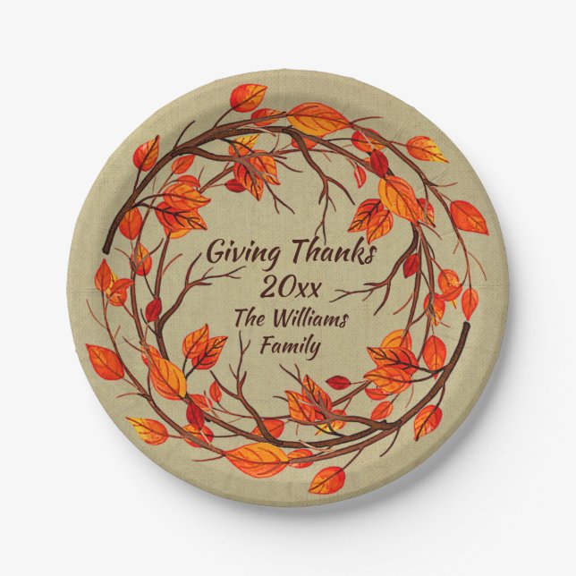 Add Name Matching Thanksgiving Autumn 7" Paper Pla Plates (Front)