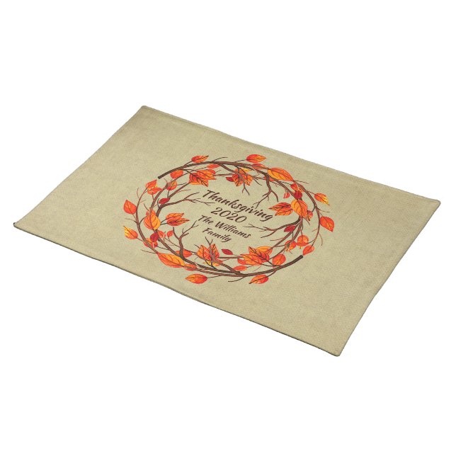 Add Name Matching Thanksgiving Autumn Leaf Cloth Placemat (On Table)