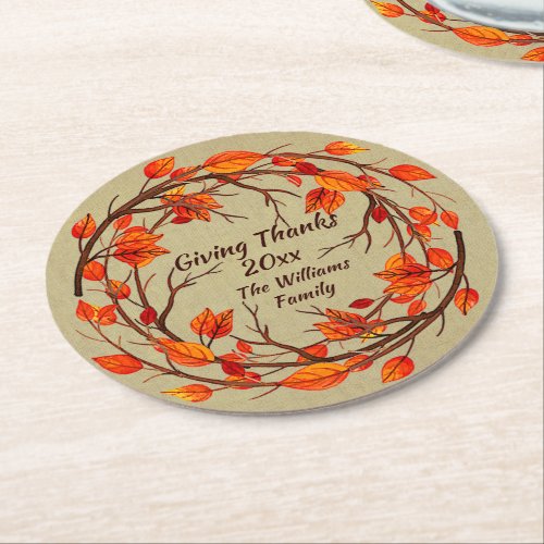 Add Name Matching Thanksgiving Autumn Round Paper  Round Paper Coaster