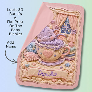 Add Name Mauve Baby Dragon in Teacup on Pink Baby Blanket