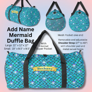 Add Name Mermaid Scales Aqua Blue with White Stars Duffle Bag
