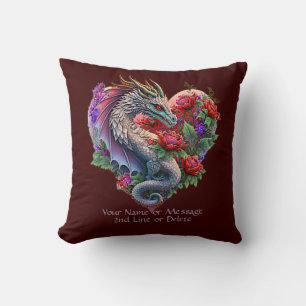 Add Name Message, Heart Dragon & Flowers, Dark Red Throw Pillow