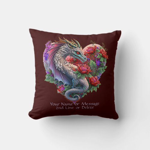 Add Name Message Heart Dragon  Flowers Dark Red Throw Pillow
